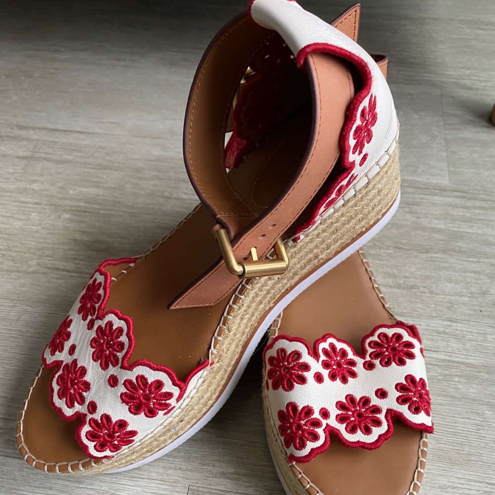 See By Chloé White and Red Floral Espadrille Wedge Sandals